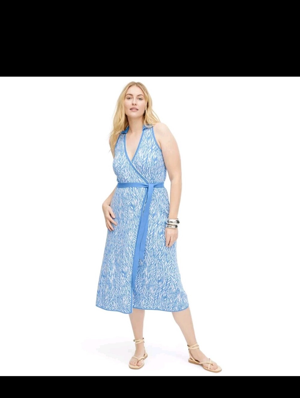 Women's Collared Sleeveless Sea Twig Blue Sweaterknit Midi Wrap Dress
